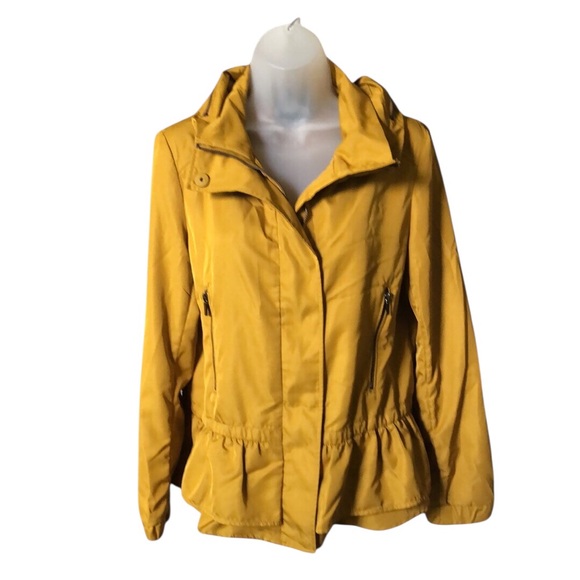 Zara New Yellow Utility Jacket SZ M Full zip & Snap zip pockets Hood coat Ruffle - Picture 1 of 10